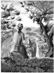 Jeune femme surplombant un village 26,5x36